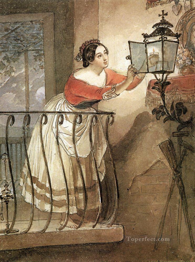 italian woman lightning a lamp in front of the image of madonna Karl Bryullov Oil Paintings